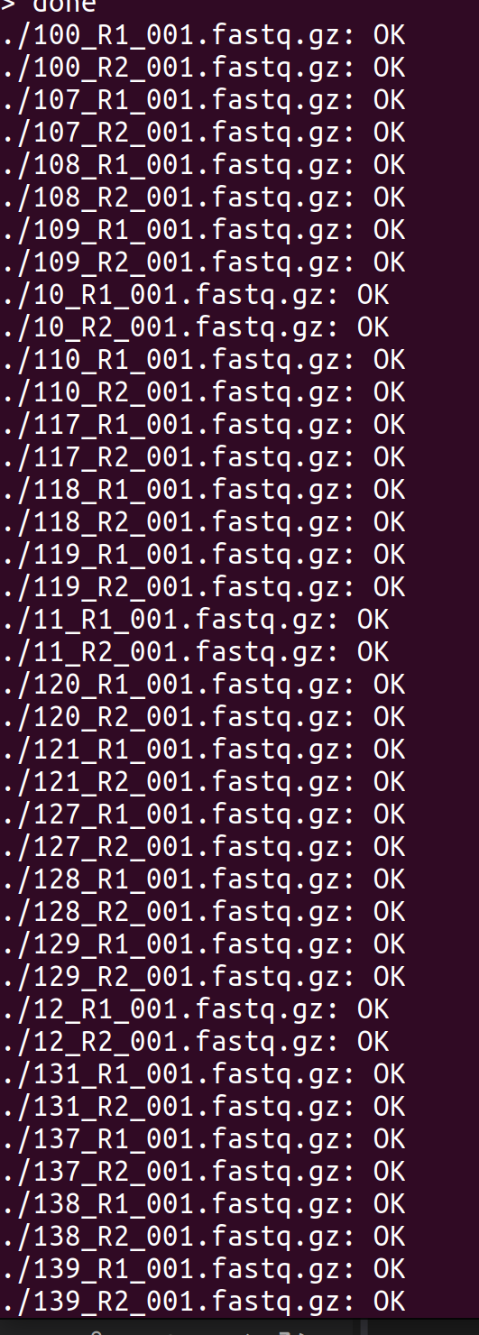 Screenshot showing MD5 checksum verification of FastQ files.