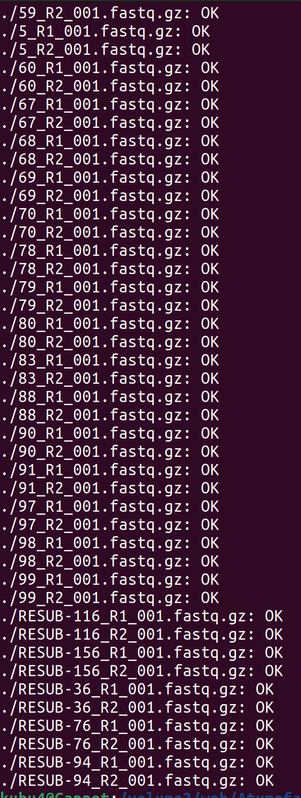 Screenshot showing MD5 checksum verification of FastQ files.