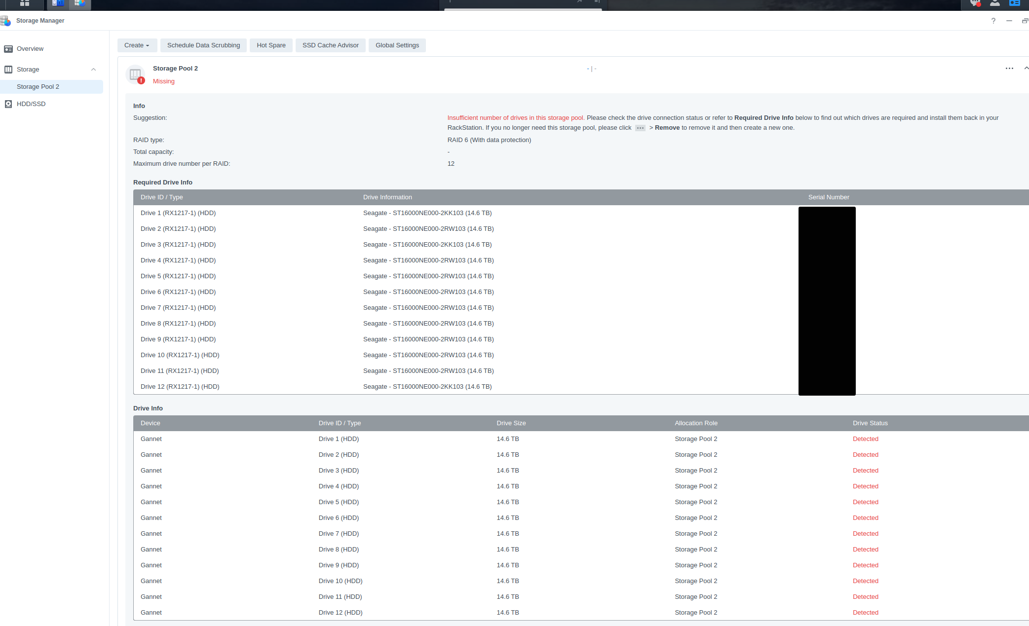 Screenshot of Storage Manager showing drives as “Detected”