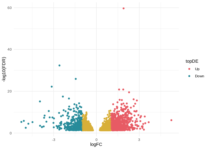 Volcano plost of differentialy expressed genes. More highly expressed in 9C are red, while those more highly expressed in 16C are blue. Both groups are > 1 fold log change and < -1 log fold change, respectively. Mustard yellow dots represent differentially expressed genes between -1 and 1 fold log change.