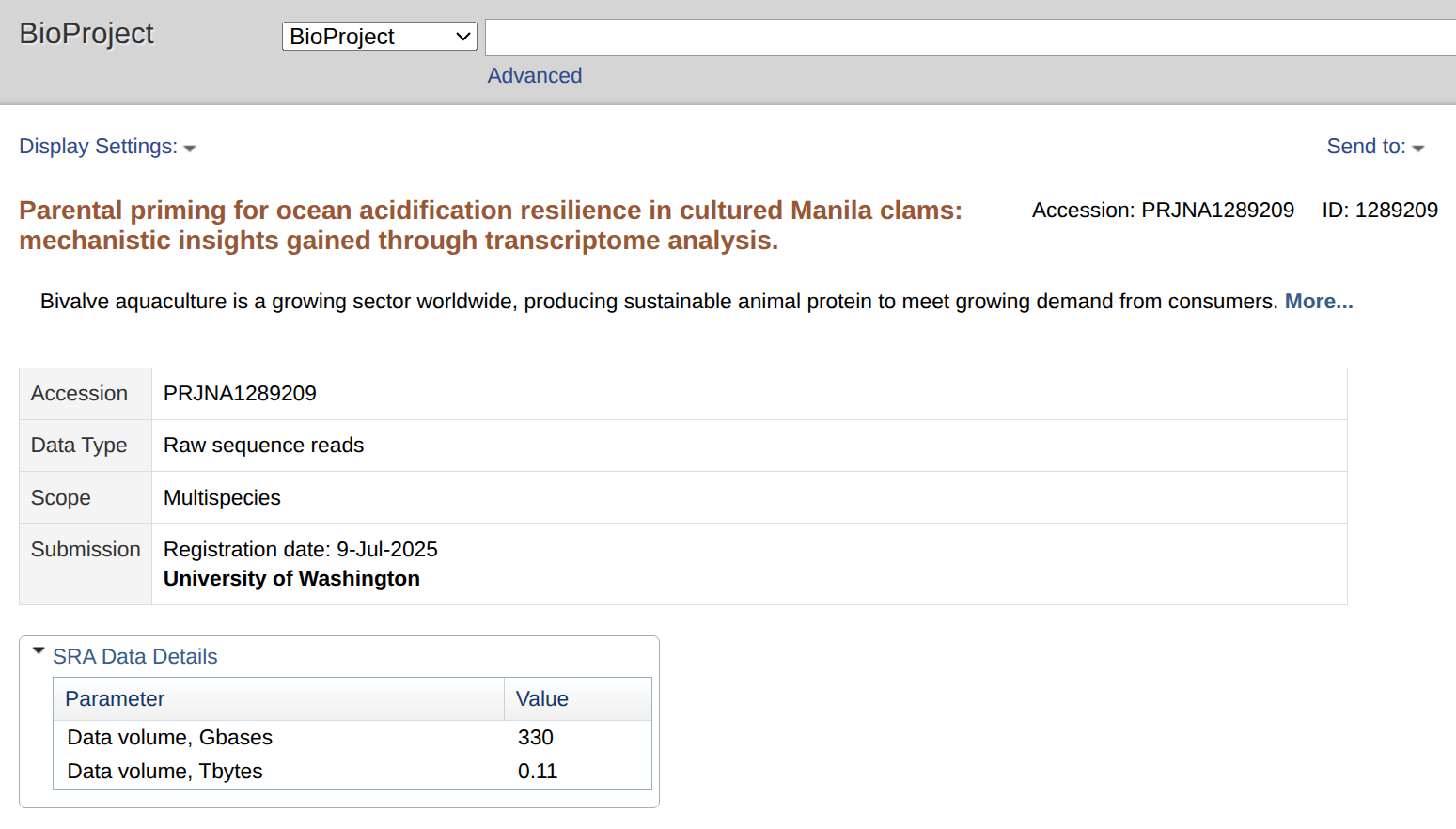 Screenshot of the NCBI BioProject page for PRJNA1289209 titled Parental priming for ocean acidification resilience in cultured Manila clams mechanistic insights gained through transcriptome analysis. The page displays project details including accession number PRJNA1289209, data type as raw sequence reads, scope as multispecies, and submission by University of Washington with a registration date of 9-Jul-2025. SRA Data Details table lists data volume as 330 Gbases and 0.11 Tbytes.