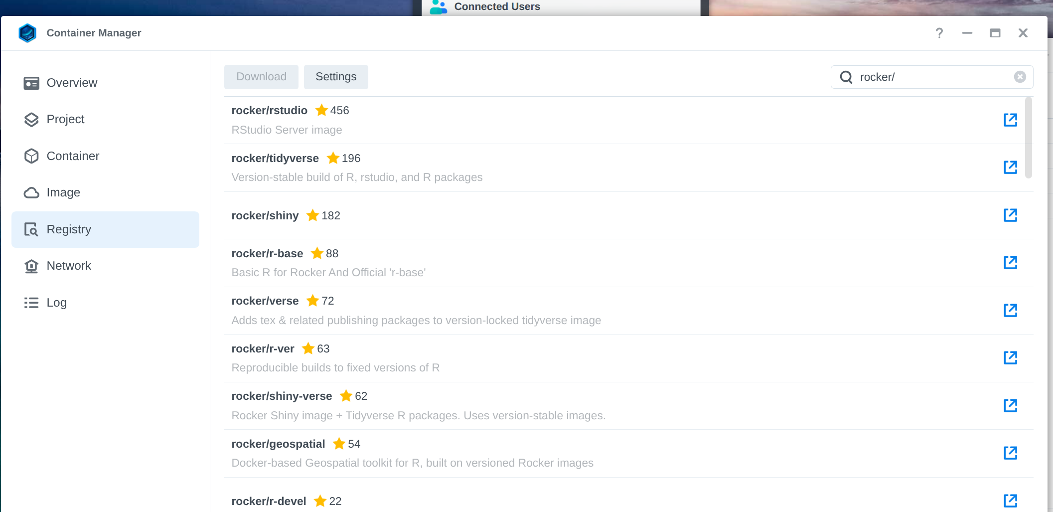 DockerHub search for Rocker image in Synology Container Manager. Shows the available Rocker images for selection.