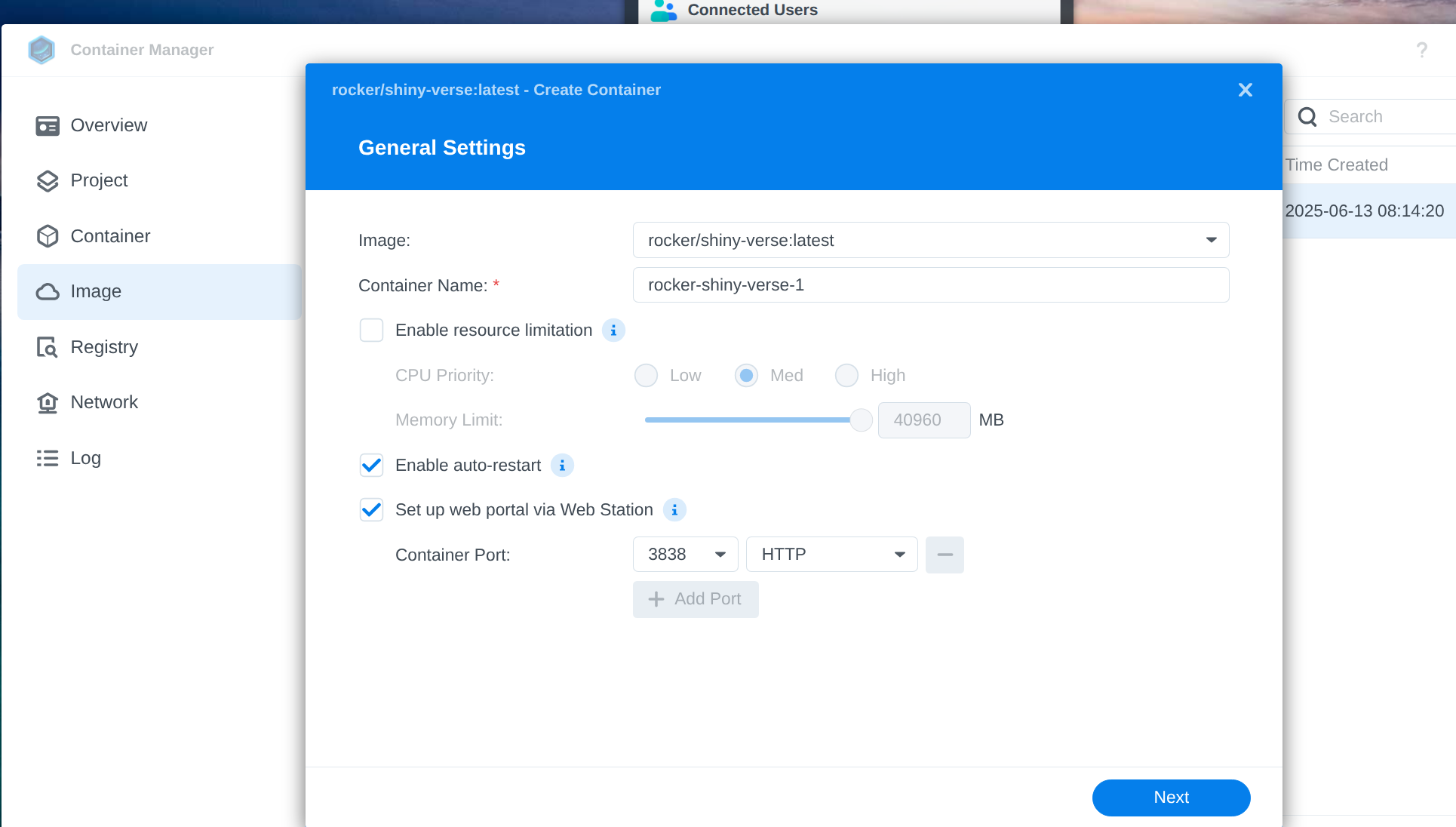 Container creation screen in Synology Container Manager. Shows configuration options for the new container.