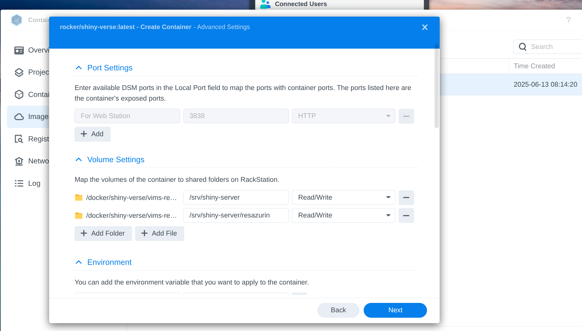 Volume mount configuration in Synology Container Manager. Demonstrates how host directories are mapped to container paths.