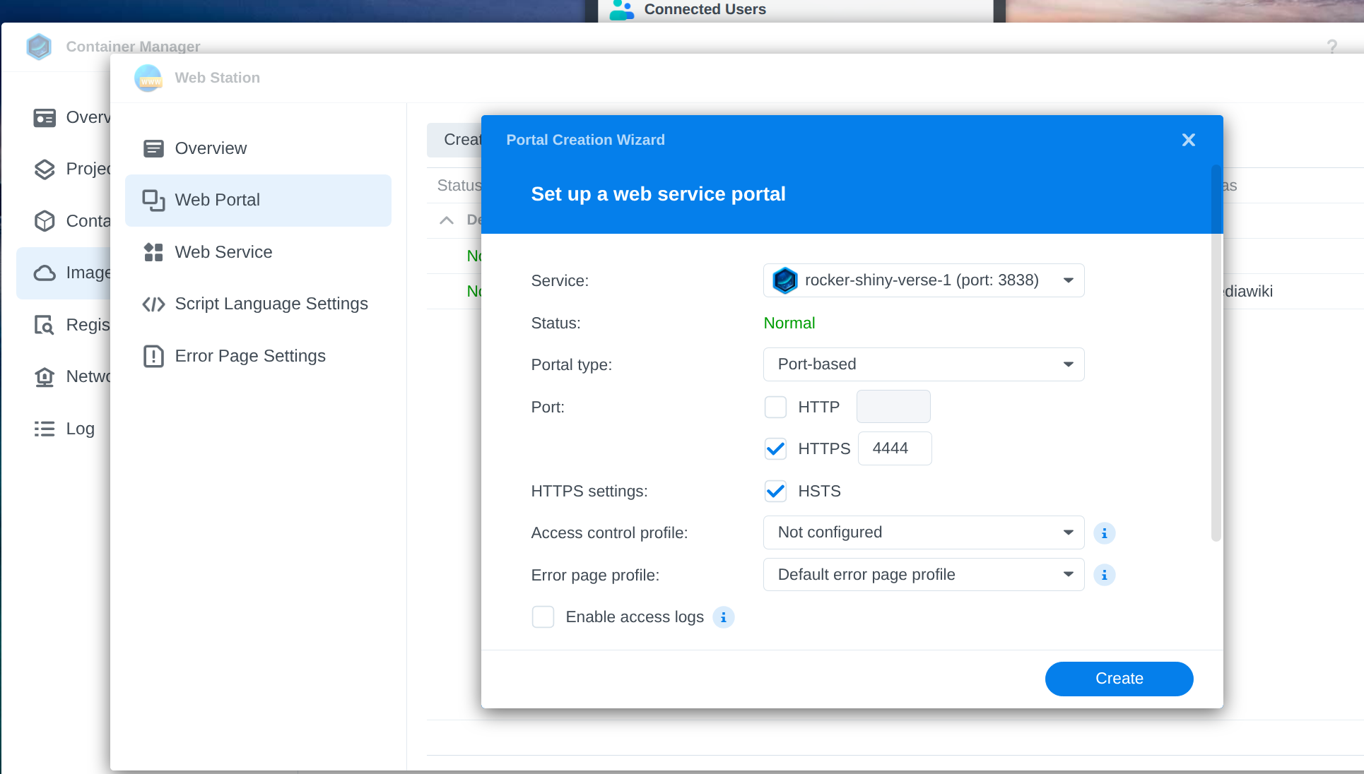 Web portal and network settings for the Shiny Server container. Shows how to enable external access.