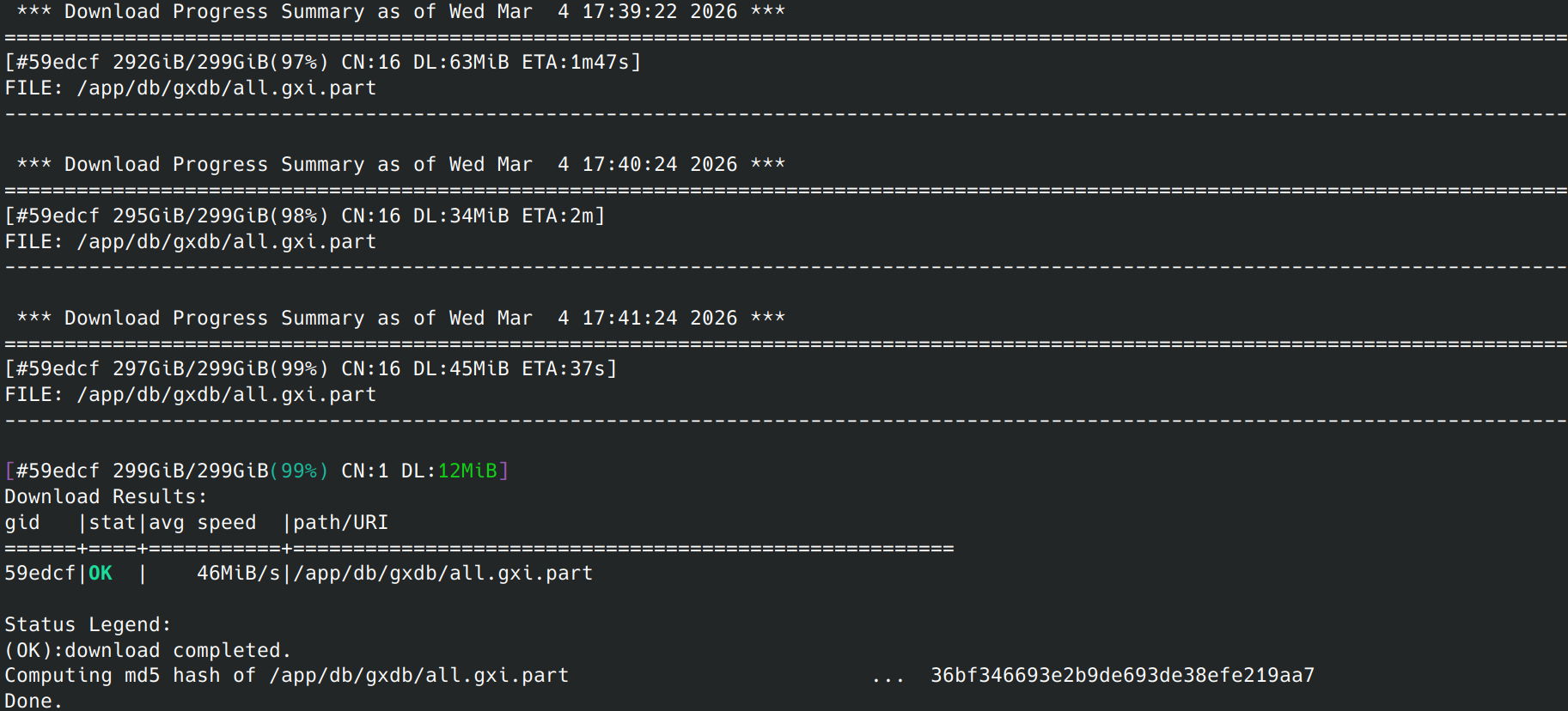 Screenshot of completed DB downloads